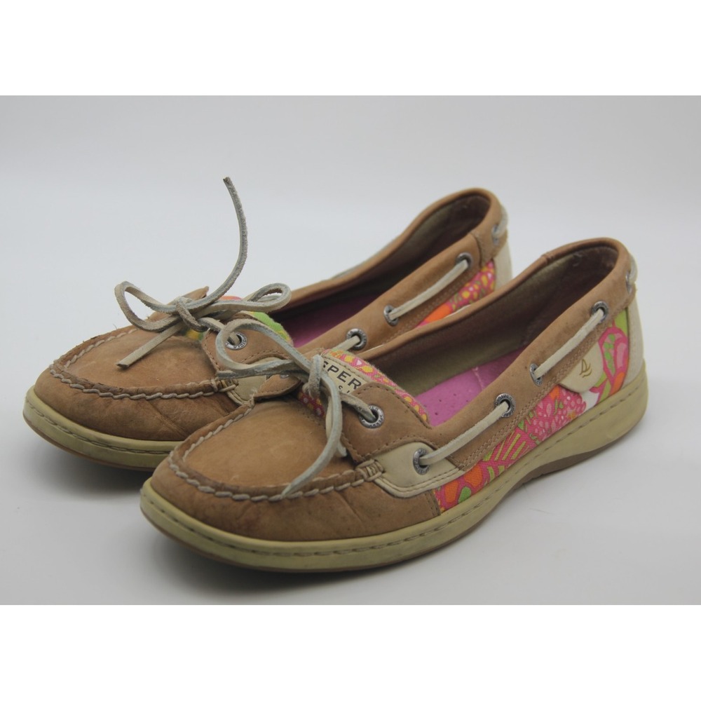 Sperry Top Sider Tan Leather Boat Shoes Angelfish Pink Floral Women's 9M Preppy